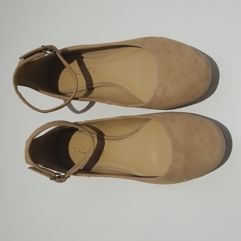 Talbots suede flats with ankle strap. Gold buckles